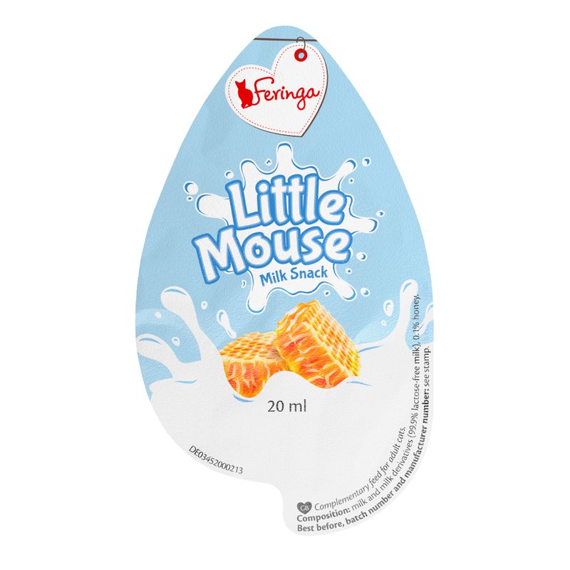 Little Mouse milk snack, 20 ml. Contains lactose-free milk and honey. Complementary feed for adult cats.