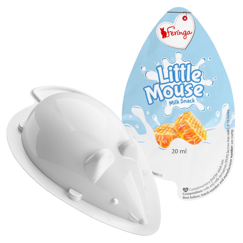 Feringa Little Mouse Milk Snack, 20 ml. Complementary feed with lactose-free milk and honey. Mouse-shaped packaging.