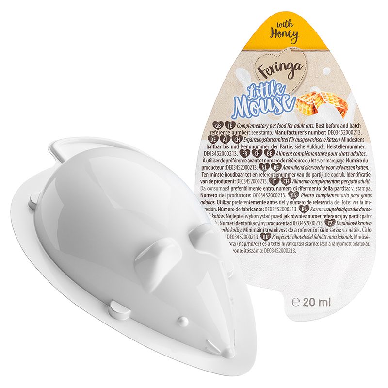 Feringa Little Mouse complementary feed for adult cats, with honey, 20 ml. Manufacturer and batch number DE03452000213 visible.