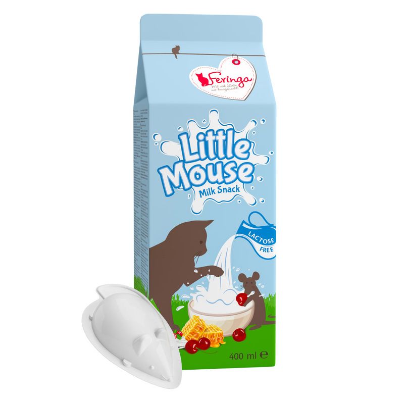 Little Mouse Milk Snack, lactose free, 400 ml carton with illustration of milk being poured into a bowl and a white mouse-shaped accessory beside the packaging.