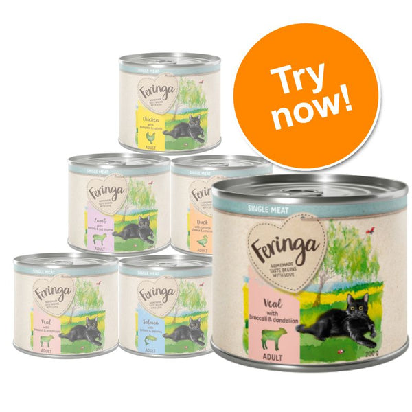 Selection of Feringa single meat adult food tins in veal, chicken, lamb, duck and salmon varieties. Orange circle with text: Try now!