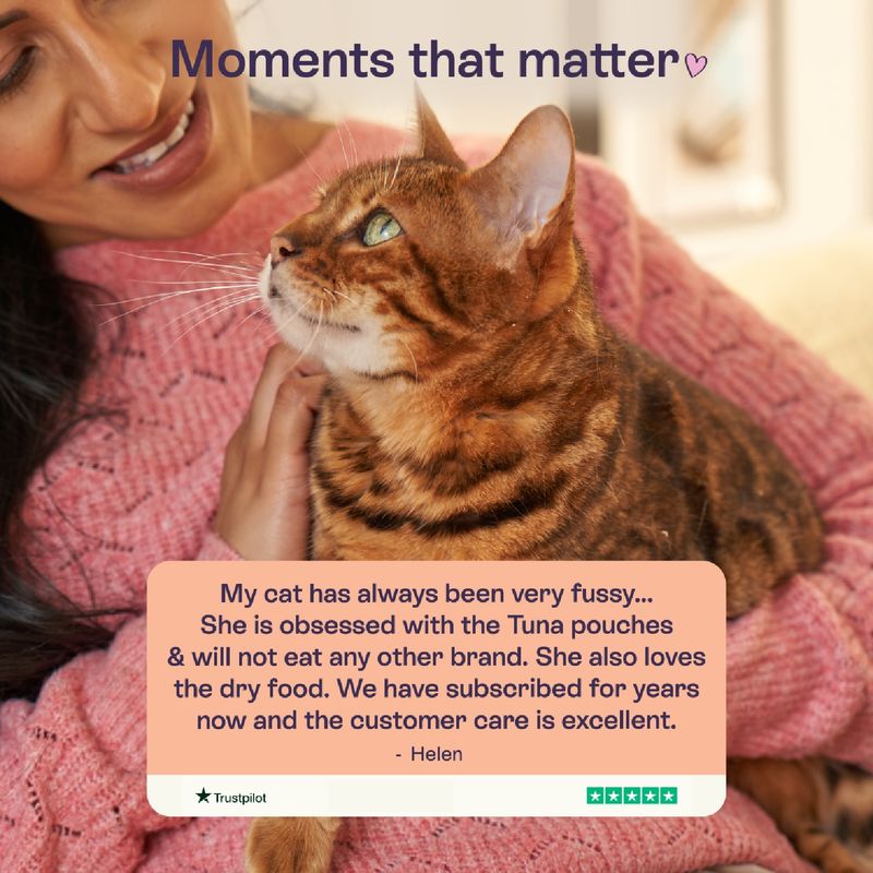 Customer review: Cat loves the tuna pouches and dry food, does not accept any other brand. Customer service is rated as excellent. Trustpilot 5 stars.