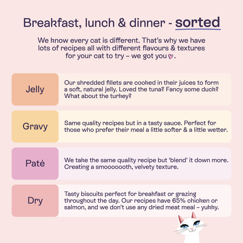 Four varieties of cat food: Jelly, Gravy, Paté and Dry, each with different textures and flavours. Dry contains 65% chicken or salmon, no dried meat.