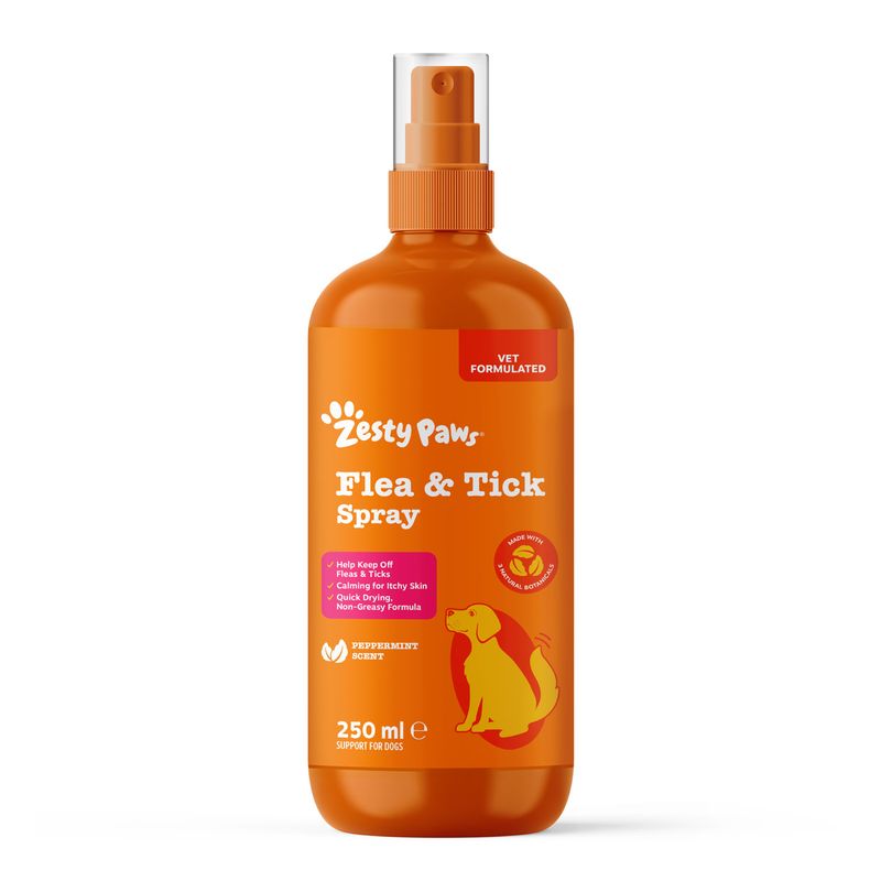 Zesty Paws Flea & Tick Spray, 250 ml. Vet formulated. Helps against fleas and ticks, soothes itchy skin, fast-drying, non-greasy, peppermint scent.