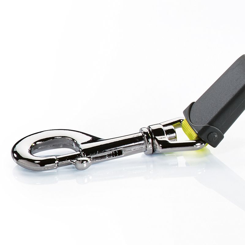 Metal carabiner hook with black plastic handle and yellow strap attachment, suitable for attaching accessories.