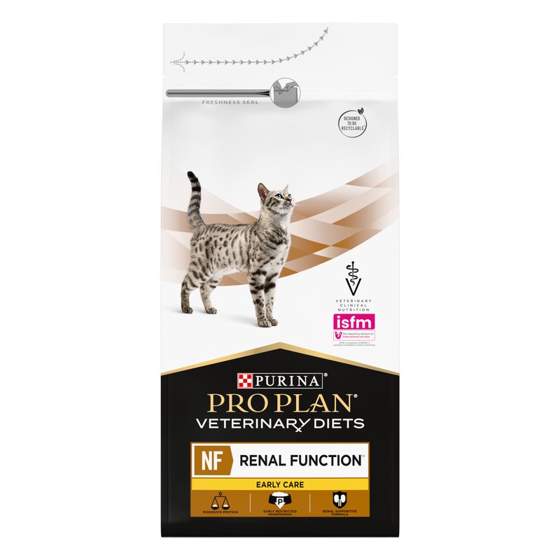 Purina Pro Plan Veterinary Diets NF Renal Function Early Care, moderate protein, early restricted phosphorus, renal supportive. Designed to be recyclable. ISFM endorsed.