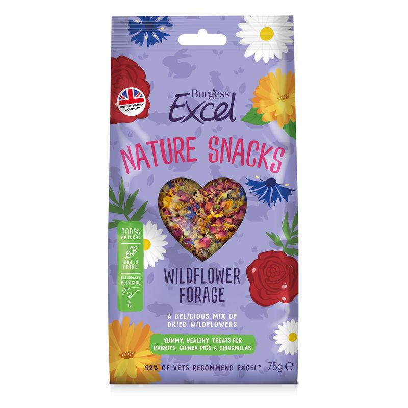 Burgess Excel Nature Snacks Wildflower Forage, 100% natural, high in fibre, encourages foraging, 75g. Suitable for rabbits, guinea pigs and chinchillas.