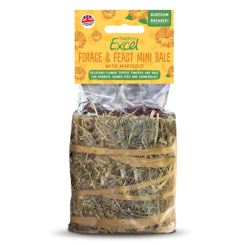 Burgess Excel Forage & Feast Mini Bale with Marigold, hay bale with blossoms, suitable for rabbits, guinea pigs, and chinchillas. Boredom Breaker! British product.