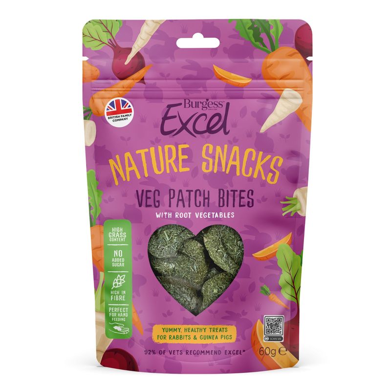 Burgess Excel Nature Snacks Veg Patch Bites with root vegetables, high grass content, no added sugar, rich in fibre, 60g, recommended by 92% of veterinarians.