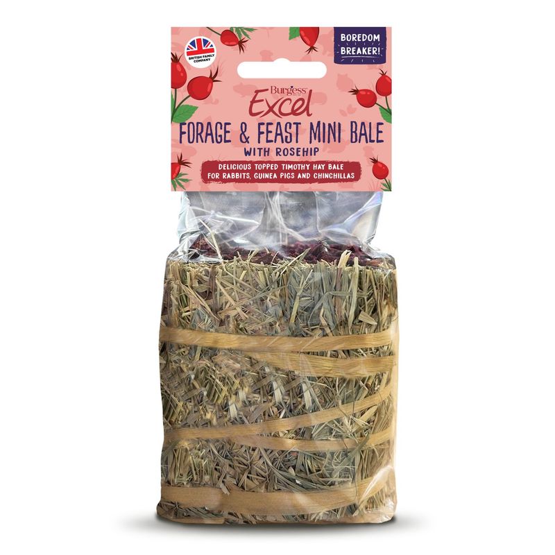 Burgess Excel Forage & Feast Mini Bale with Rosehip, Timothy Hay Bales for Rabbits, Guinea Pigs and Chinchillas. Boredom Breaker. British brand.