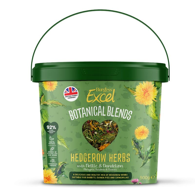 Burgess Excel Botanical Blends Hedgerow Herbs with Nettle and Dandelion, 500g tub, 92% herbs, suitable for rabbits, guinea pigs and chinchillas.