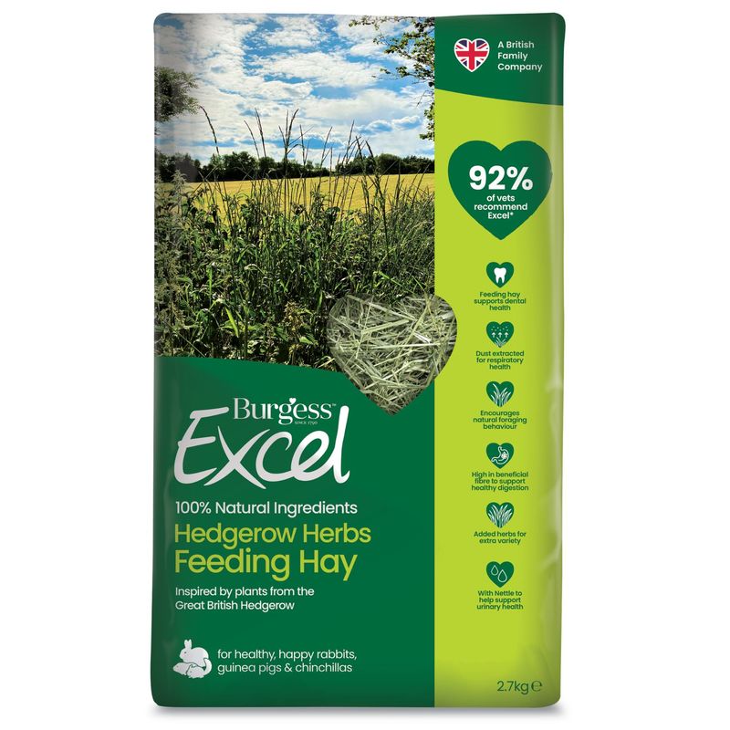 Burgess Excel Hedgerow Herbs Feeding Hay, 100% natural ingredients, 2.7 kg. 92% of vets recommend Excel. For rabbits, guinea pigs and chinchillas.