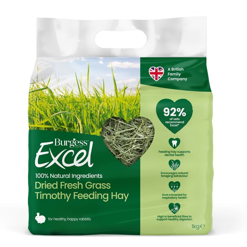 Burgess Excel Dried Fresh Grass Timothy Feeding Hay, 100% natural ingredients, 92% of vets recommend Excel, 1 kg, supports dental health and digestion.
