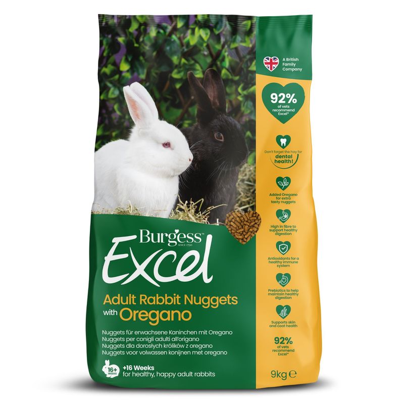 Burgess Excel Adult Rabbit Nuggets with Oregano, 9 kg. For adult rabbits from 16 weeks. 92% of vets recommend Excel. Contains oregano and fibre.