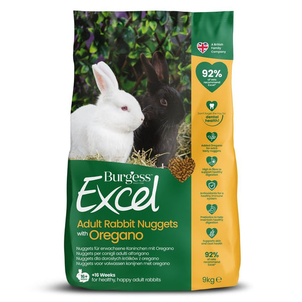 Burgess Excel Adult Rabbit Nuggets with Oregano, 9 kg. For adult rabbits from 16 weeks. 92% of vets recommend Excel. Contains oregano and fibre.