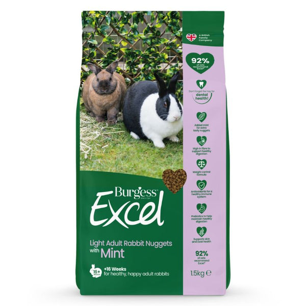 Burgess Excel Light Adult Rabbit Nuggets with Mint, 1.5 kg. 92% crude fibre content, mint, from 16 weeks. Various symbols and information regarding dental health and digestion.