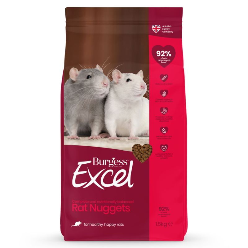Burgess Excel Rat Nuggets, 1.5 kg, 92% natural ingredients, balanced protein, linseed, prebiotics, added vitamins and minerals, antioxidants.