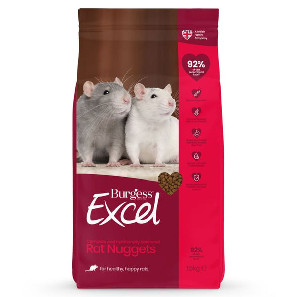 Burgess Excel Rat Nuggets, 1.5 kg, 92% natural ingredients, balanced protein, linseed, prebiotics, added vitamins and minerals, antioxidants.