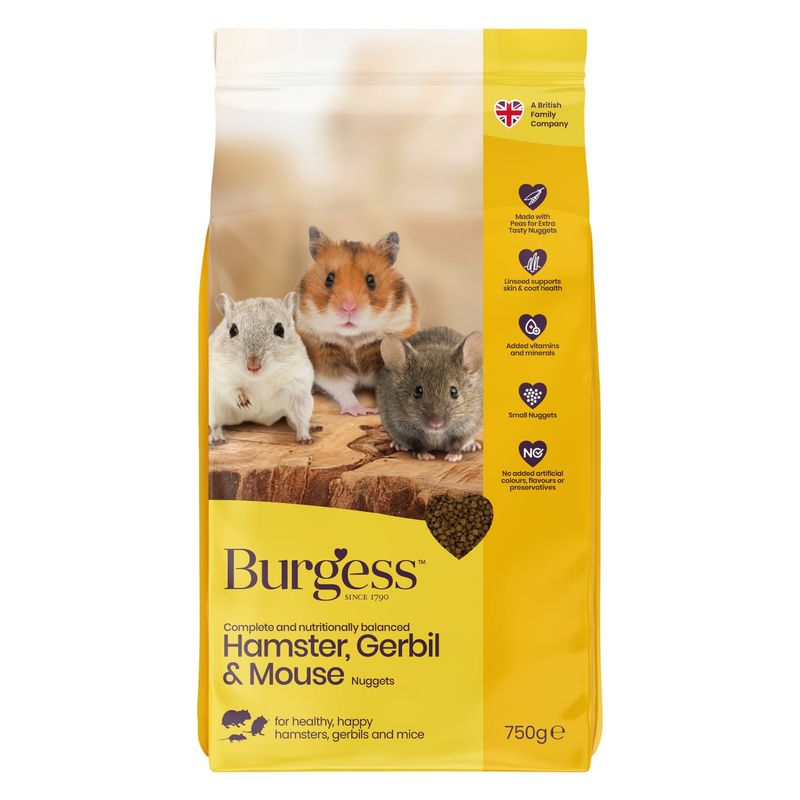 Burgess Hamster, Gerbil & Mouse Nuggets, 750g. With linseed, vitamins and minerals, free from artificial additives. For hamsters, gerbils and mice.