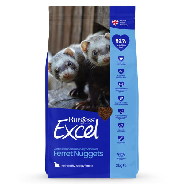 Burgess Excel Ferret Nuggets, 2kg. 92% animal protein, with 42% chicken, supports heart, immune system, muscle development, digestion and bone health.
