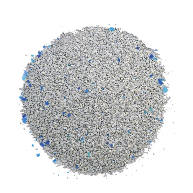 Cat litter with grey granules and blue particles, suitable for absorbing liquids and odours.
