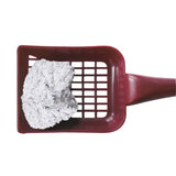 Red cat litter scoop with grid design, holds a clumping litter made of grey material.