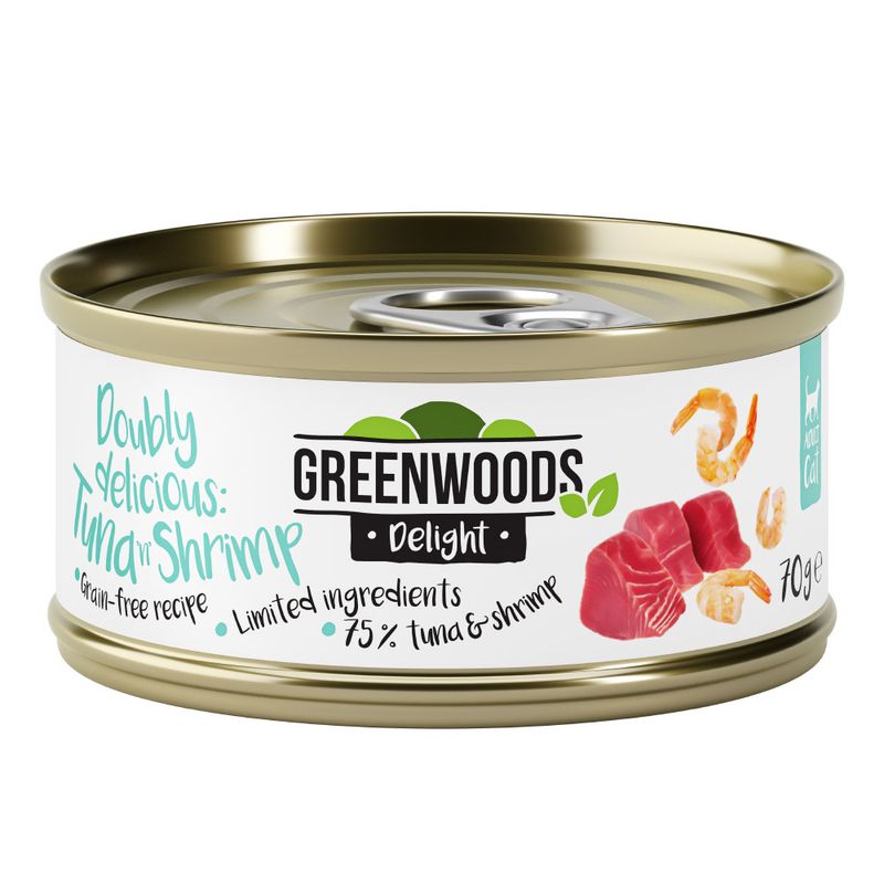 Greenwoods Delight, 70g can. Tuna & Shrimp, grain-free recipe, limited ingredients, 75% tuna and shrimp.