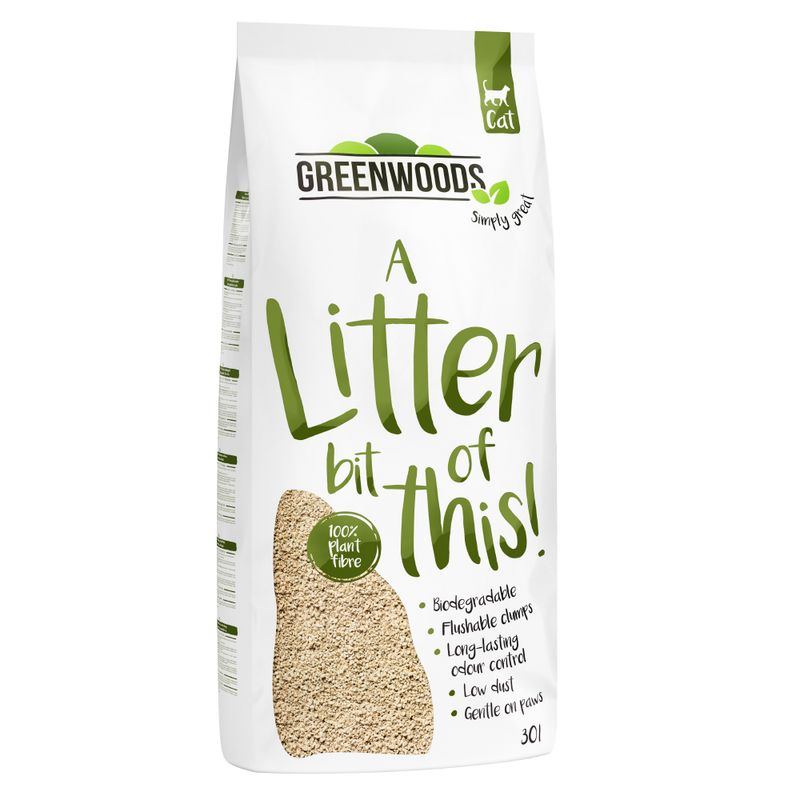 Greenwoods cat litter, 100% plant fibres, biodegradable, flushable, odour-binding, low dust, gentle on paws. 30L.