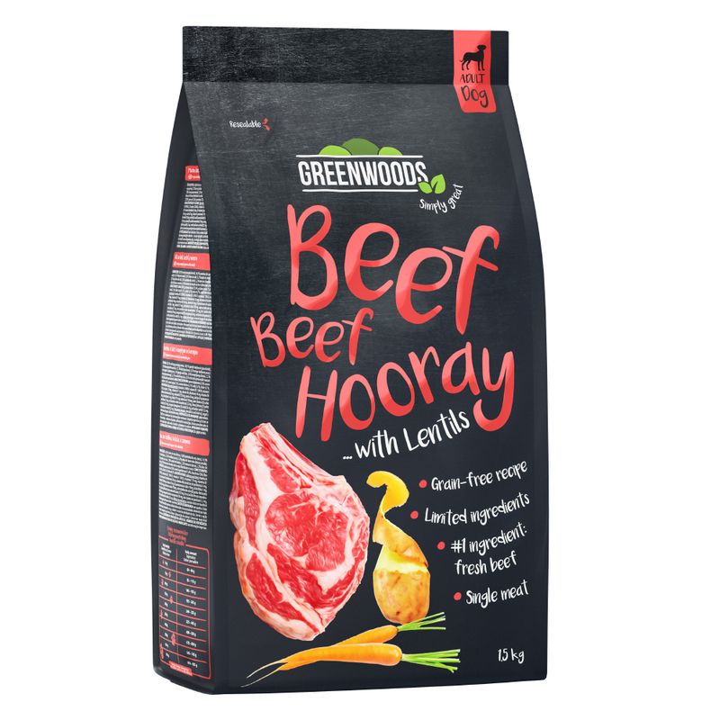 Greenwoods Beef Beef Hooray with lentils, grain-free recipe, limited ingredients, main ingredient fresh beef, single meat. Packaging for adult dog, 15 kg.