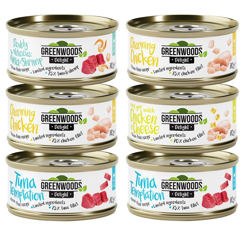 Greenwoods Delight cat food in cans: varieties Doubly Delicious Mini Shrimp, Charming Chicken, Chicken & Cheese, Tuna Temptation. Grain-free, limited ingredients, 70g per can.