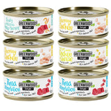Greenwoods Delight cat food in cans: varieties Doubly Delicious Mini Shrimp, Charming Chicken, Chicken & Cheese, Tuna Temptation. Grain-free, limited ingredients, 70g per can.