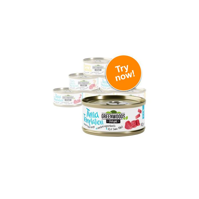 Greenwoods Delight Tuna Temptation cat food tin, visible text: grain-free recipe, limited ingredients, 75% tuna fillet. Orange badge with white text: Try now!