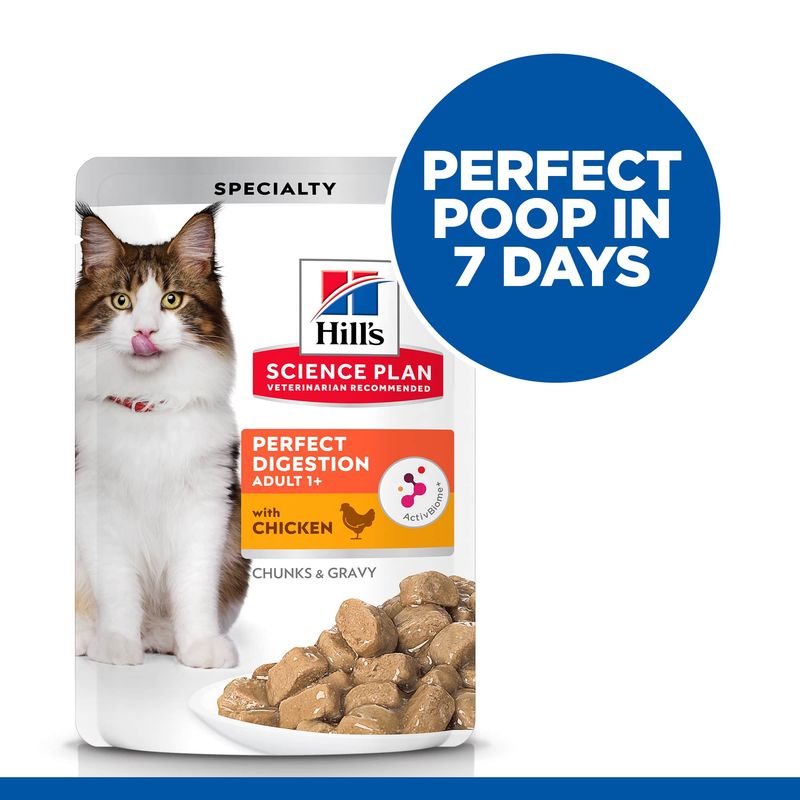 Hill's Science Plan Perfect Digestion Adult 1+ with Chicken, chunks and gravy. Claim: Perfect poop in 7 days.