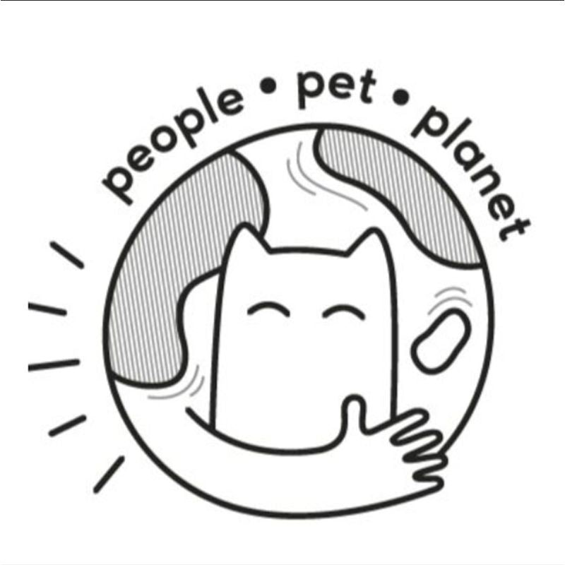 Illustration with cat, earth and text 'people • pet • planet', symbolising sustainability and responsibility for people, animals and the environment.