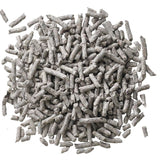 Grey, pellet-shaped litter made from compressed material, suitable for animal cages or bedding.