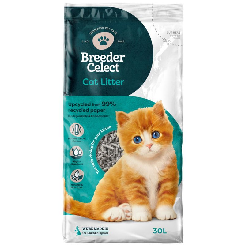 Breeder Celect Cat Litter, upcycled from 99% recycled paper, biodegradable and compostable, natural odour control, highly absorbent, non-toxic, 30L bag.