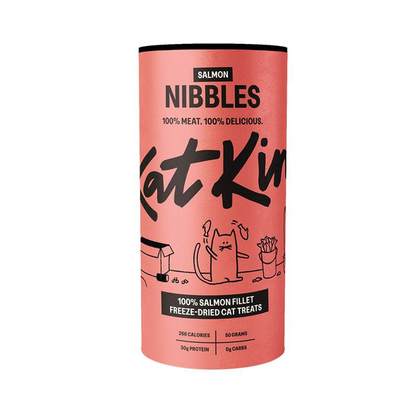 Salmon Nibbles, 100% meat freeze-dried cat treats. 100% salmon fillet, 266 calories, 30g protein, 0g carbs, 50 grams. 100% delicious.