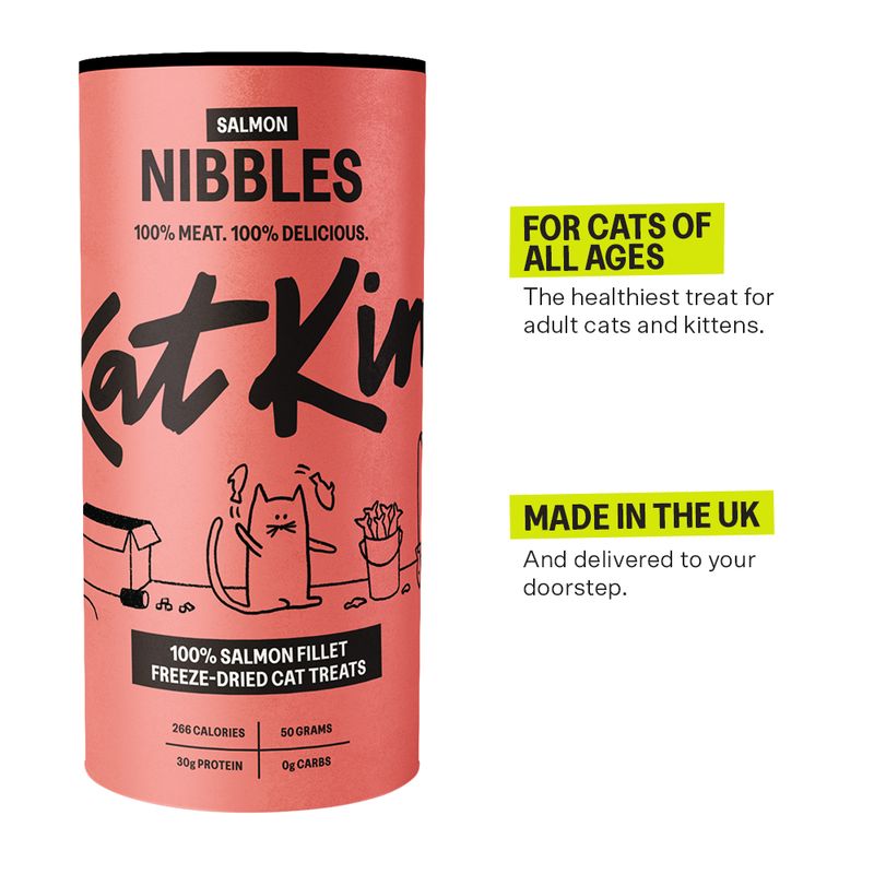 Salmon nibbles, 100% meat freeze-dried cat treats. For cats of all ages. Made in the UK. 266 calories, 50g, 30g protein, 0g carbs per pack.