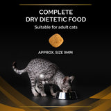 Complete dry dietetic food for adult cats, showing a single kibble with approximate size 9mm and a cat eating from a bowl.