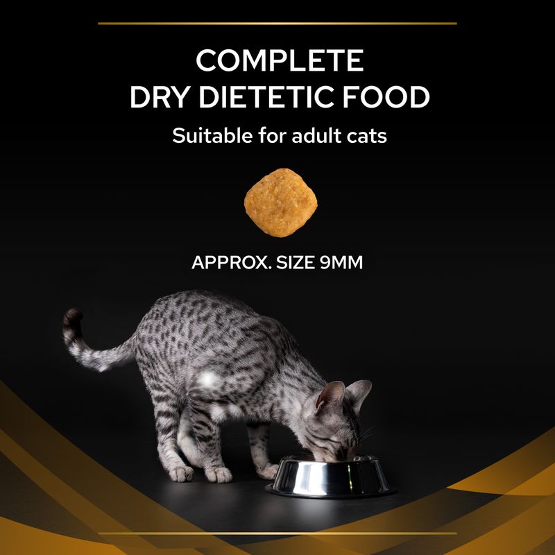 Complete dry dietetic food for adult cats, showing a single kibble with approximate size 9mm and a cat eating from a bowl.