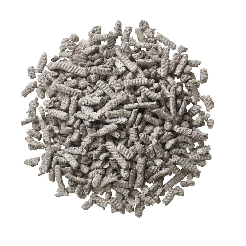 Grey, cylindrical pellets shown in a pile, displaying the texture and size of the product for use as pet litter or bedding.