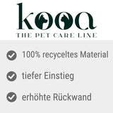 kooa. The Pet Care Line. 100% recycled material, low entry, raised back wall.