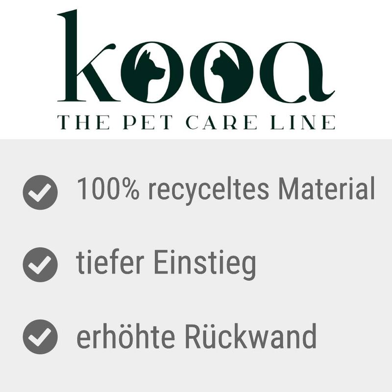 kooa. The Pet Care Line. 100% recycled material, low entry, raised back wall.