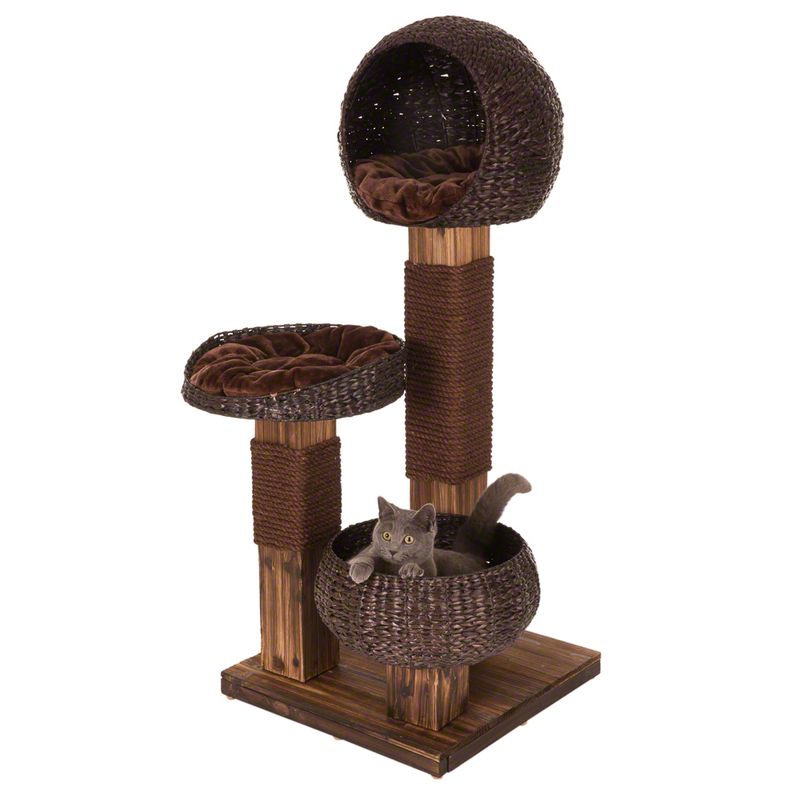Cat tree made of brown wood and woven material with three levels: cave, platform and basket. Cat sits in the lower basket.
