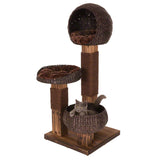 Cat tree made of brown wood and woven material with three levels: cave, platform and basket. Cat sits in the lower basket.