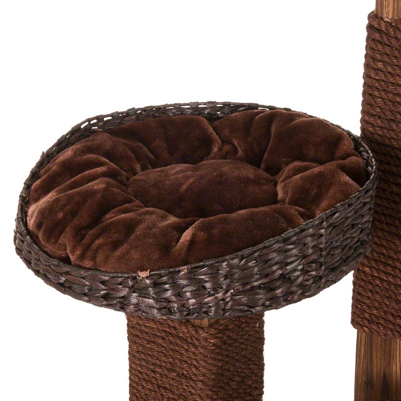 Brown, padded cat bed made of woven material on a scratching post with rope-wrapped columns.