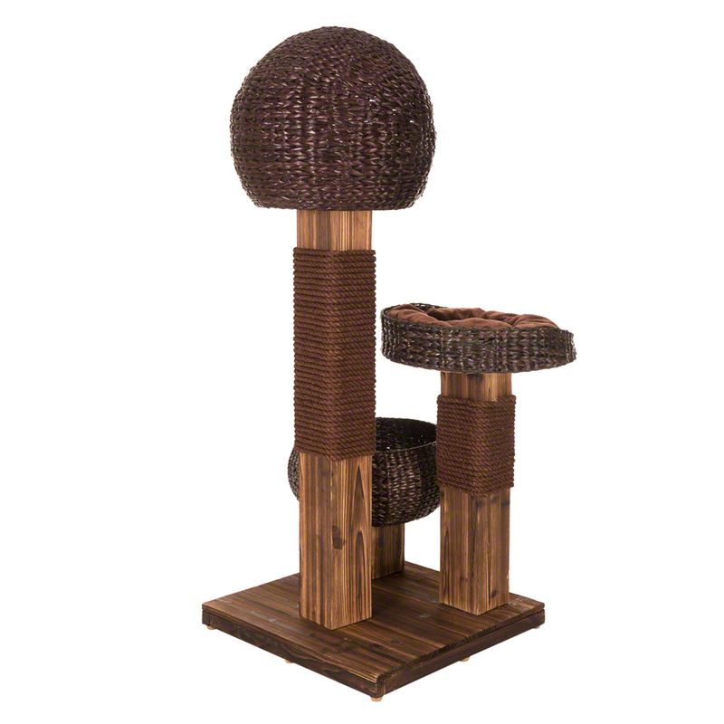 Cat tree made of wood with brown sisal ropes, two woven baskets and a spherical cave at the top.