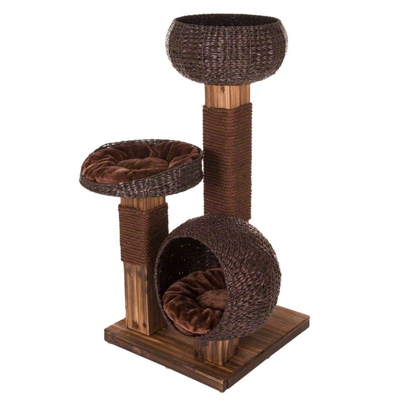 Cat tree made of brown wood and woven material with three levels: a cave, an open bed and a raised bowl, all with soft brown cushions.