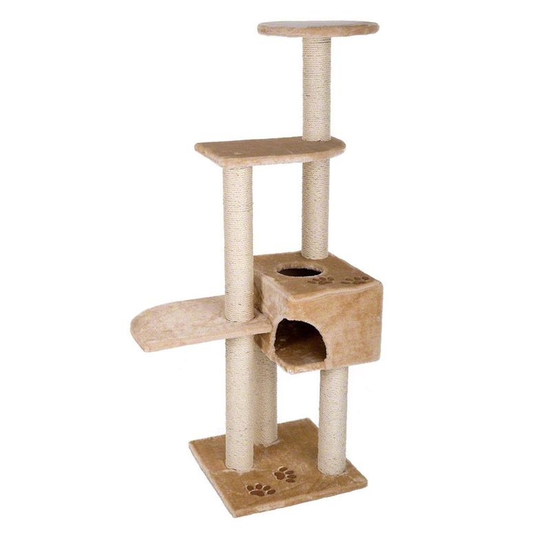 Multi-level beige scratching post with three platforms, a cubed hideaway, two circular holes on top, and sisal-wrapped posts. Paw print designs visible on base and cube.
