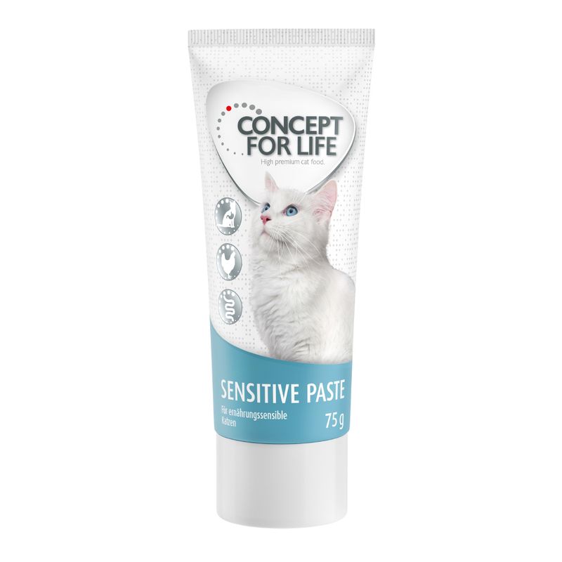 Concept for Life Sensitive Paste, 75 g, for nutritionally sensitive cats. With icons for digestion, chicken and cat.